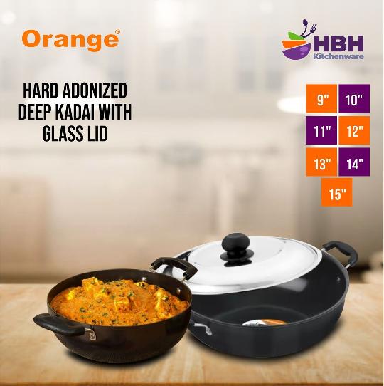 ORANGE Hard Anodized deep Kadai with Glass Lid.

✅Stain and Corrosion Resistant.
✅Easy to Clean & Maintain.
✅Non-Toxic and Non-R