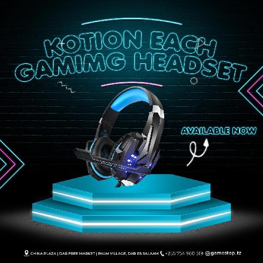 Kotion Each 
Gaming Headset
For ps4/Ps5 
Model G9000
With Mic
Led Lights 
Phones/tablets & PC compartible
Price:- 50,000/=
Conta