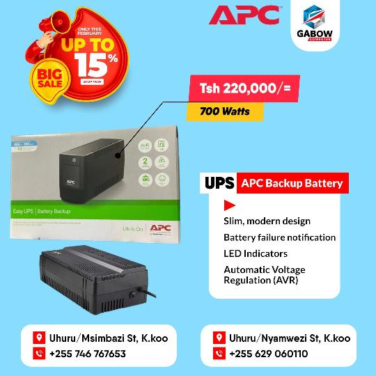 Get UPS (APC Backup Battery), For 220,000/= Only....
700 Power Watts

For more information: Call us 0629060110 or 0746 767653 Or
