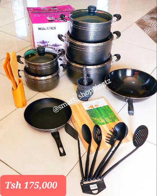 Nonstick cookware set Tsh 175,000 
- Sufuria 5
- Frypan 1
- Miko ya mbao
- Miko ya kusevia
- Karai la chips 1
- Kinu 1
- Choppin
