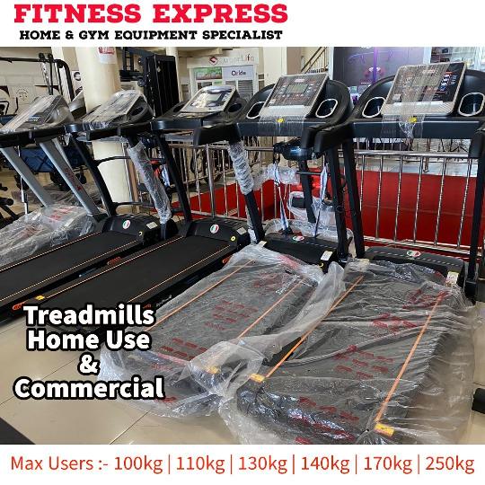 Treadmills zipo kila Size 
100kg 950,000Tshs
110kg 1,600,000Tshs
120kg 1,350,000Tshs (used) 
130kg 2,200,000Tshs
E.T.C 

All ava