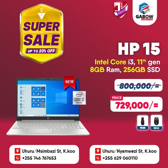 Get HP 15 Core i3,
For 729,000/= which contain 256 SSD
For 780,000/= which contain 512 SSD

For more information: Call us 062906