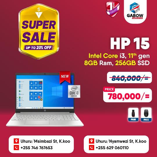 Get HP 15 Core i3,
For 729,000/= which contain 256 SSD
For 780,000/= which contain 512 SSD

For more information: Call us 062906