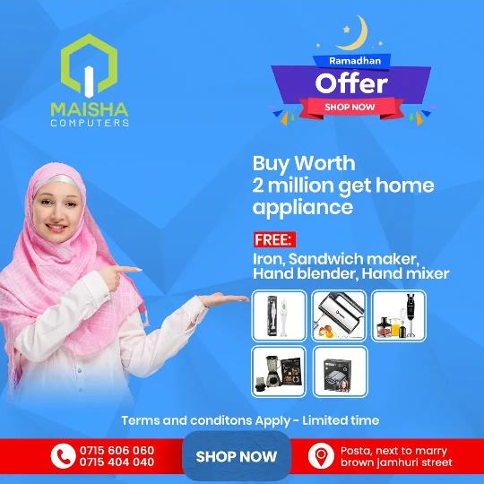 Ramadhan offer
Buy anything worth 2 million and get free home appliances iron, sandwich maker, hand blender and hand mixer