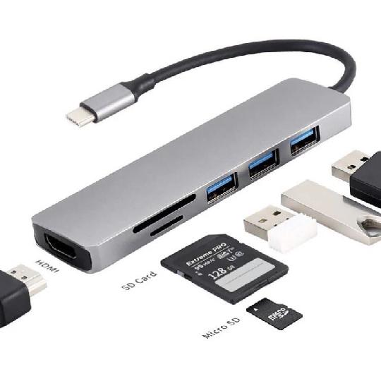 ?6in 1 USB HUB for type c computers 
Top quality 
Price: 45,000/= fixed 

USB 3.0 fast (three ports ) 
Card reader (1 port ) 
SD