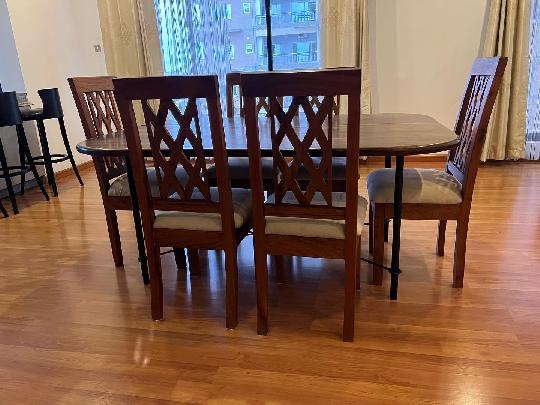 6 Dining chairs ONLY (Table is not for sale)… 
.
Brand New hardwood chairs (high end finish and fabric).. 
.
Original Price.. 30
