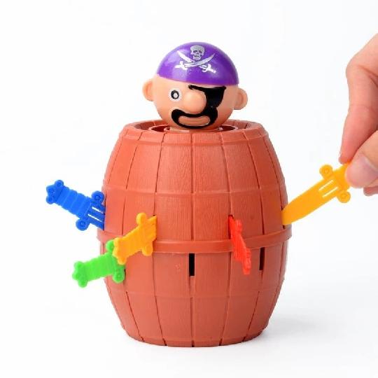 Pirate barrel game 
Size: 13*8.5*8.5cm (L*W*H)
Includes : 16 swords

Instructions: 
Carefully remove a sword from the barrel.
Re